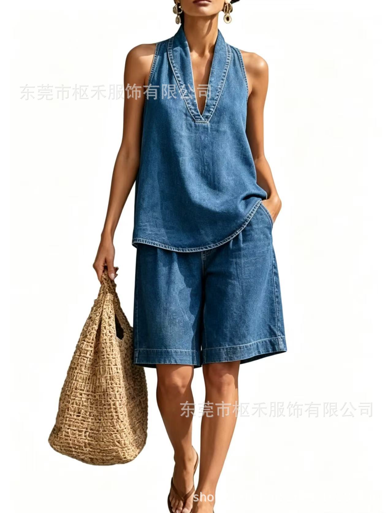 Retro Gradient Wash Print Sleeveless Halter Top Set