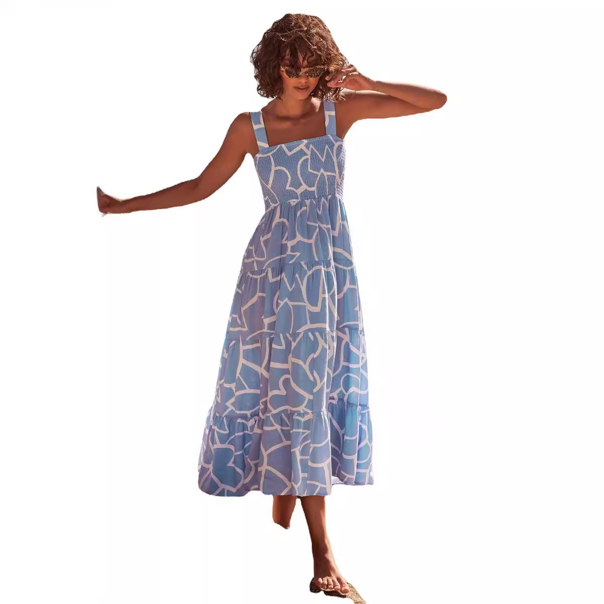 Women's Sleeveless Square Neck Cami Dress High Waist Ruffle Backless Patchwork Long Cake Dress