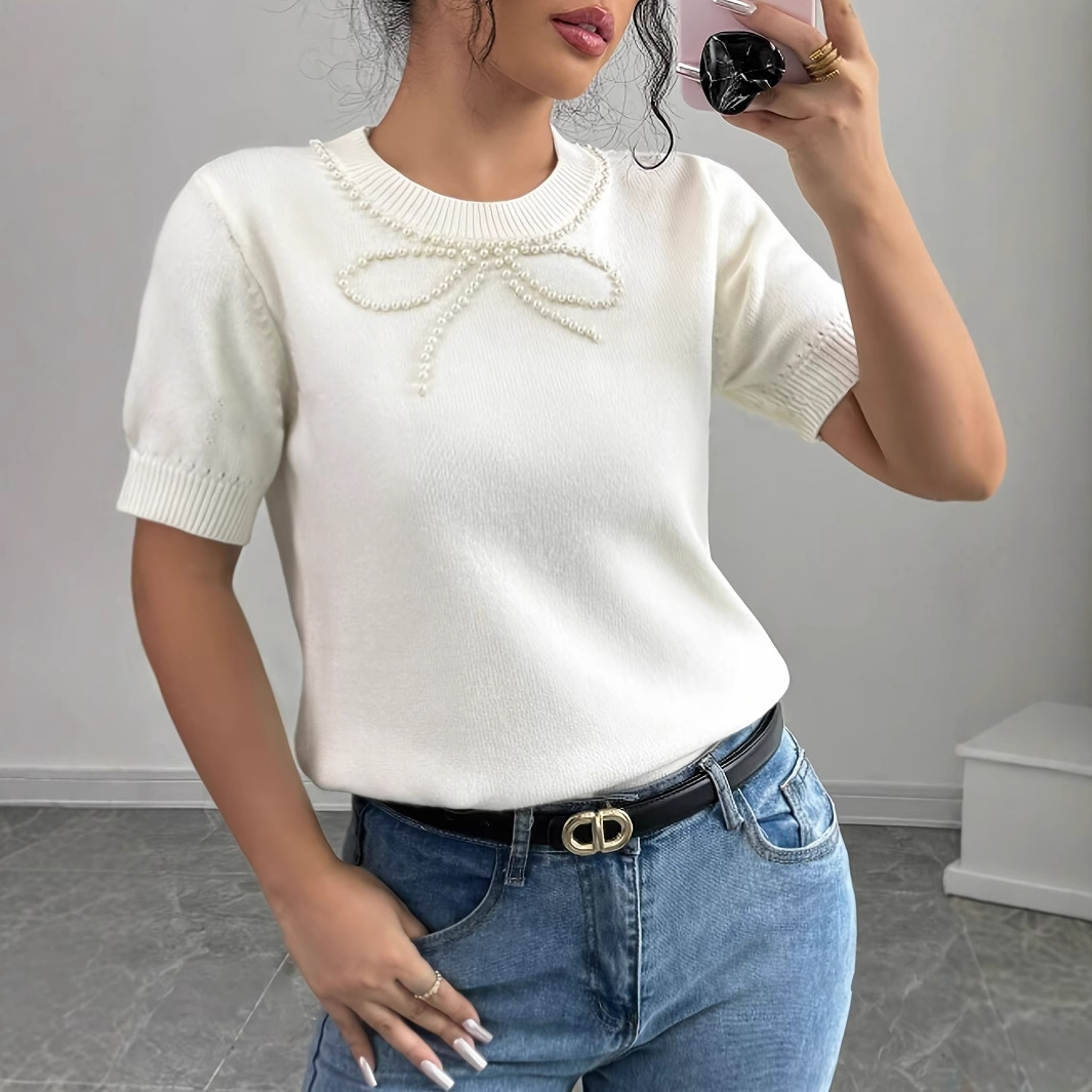 Women's Slim-Fit Short-Sleeve T-Shirt with Bow and Rhinestone Detail