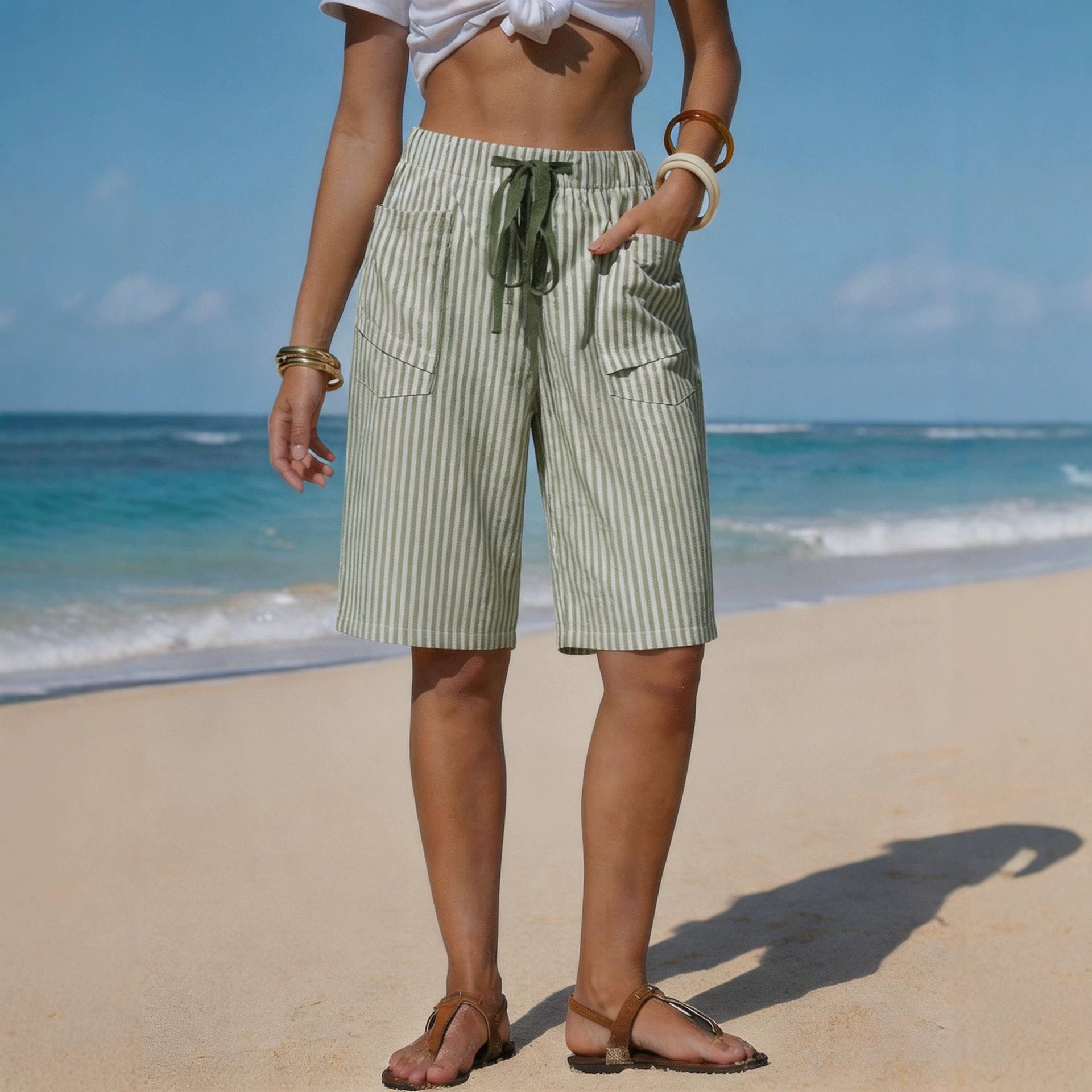 Faux Linen Striped Women's Casual Shorts with Belt and Pockets