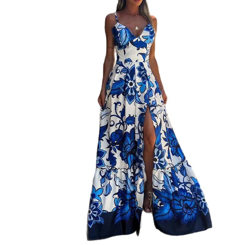 Women's Vacation Floral Print Cami Maxi Dress with Full Skirt