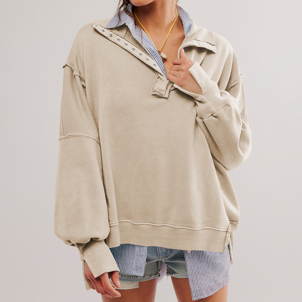 Lantern Sleeve Split Lapel Loose Sweatshirt