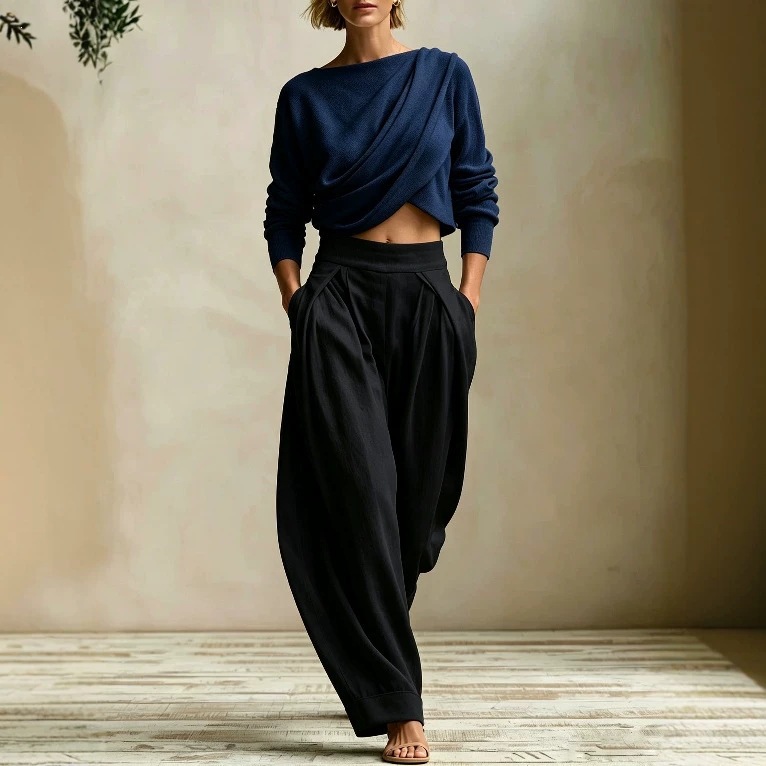 Women's Two-Piece Set: Pleated Crewneck Top & Elastic Waist Harem Pants