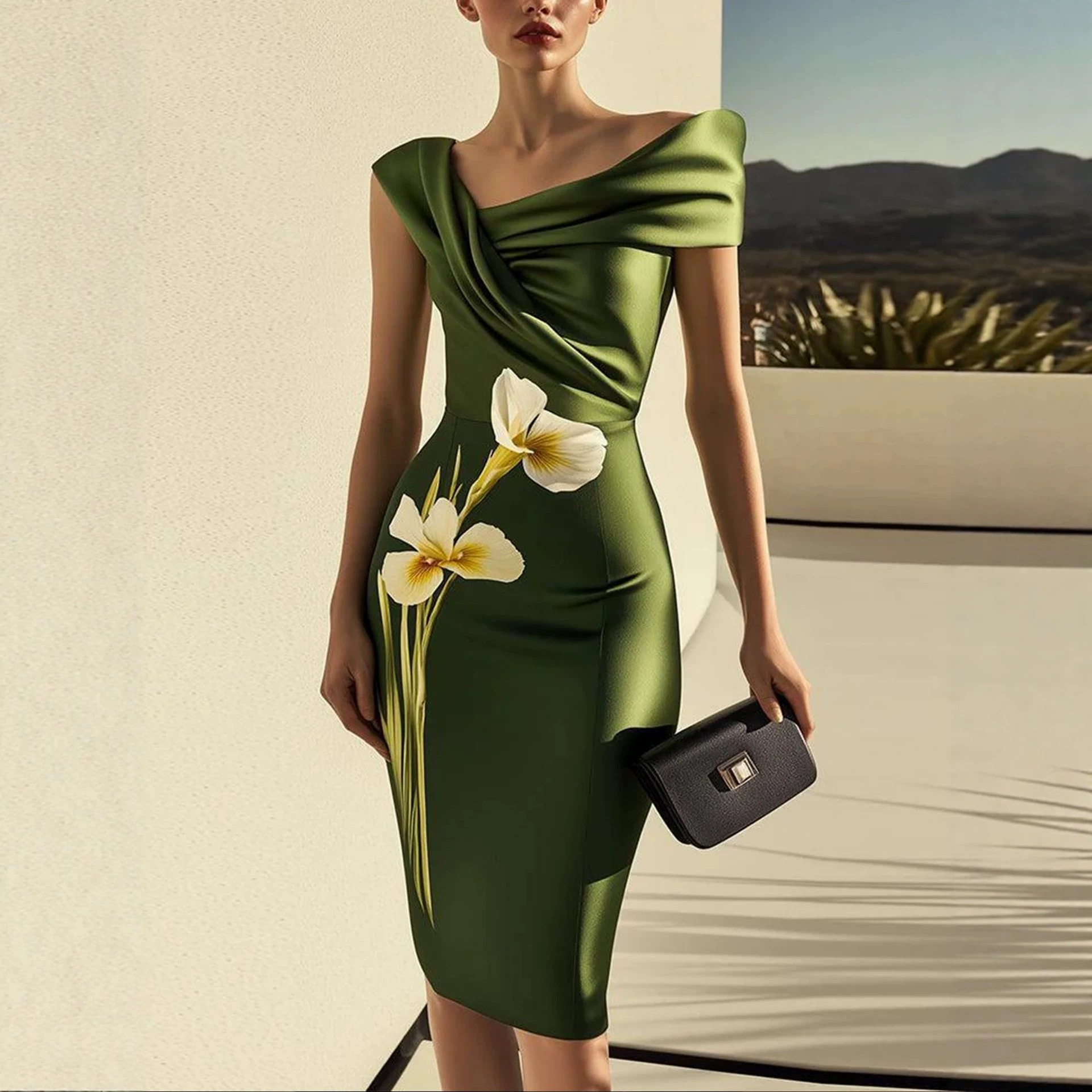 Elegant Floral Print Waist-Cinching Midi Dress
