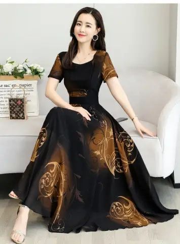 Women's Short Sleeve Round Neck Floral Print A-Line Midi Dress with Waist