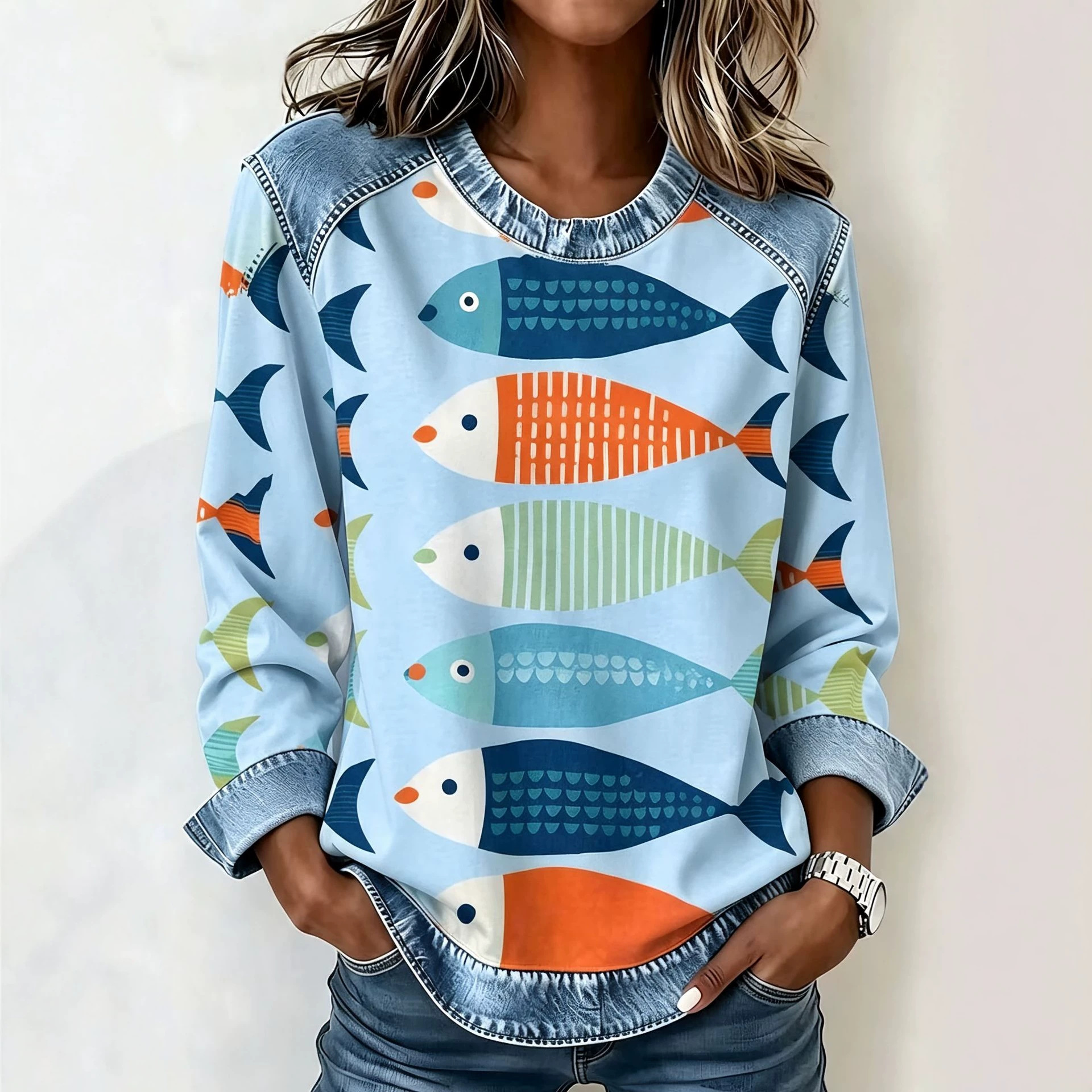 Women's Sailfish Print Casual Pullover Sweatshirt