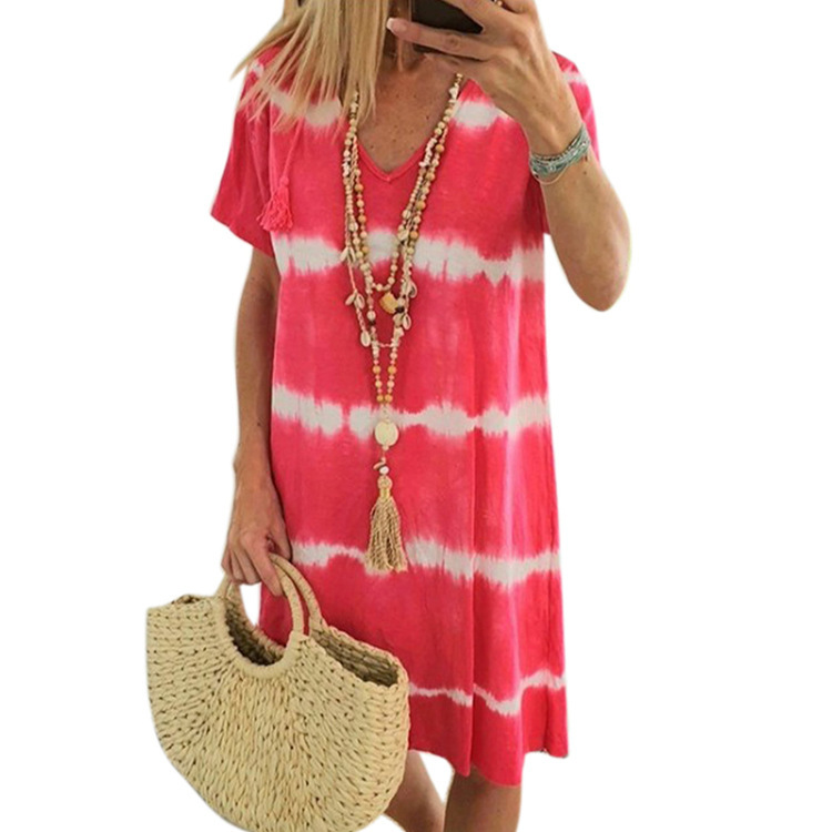 Women's Summer V-Neck Striped Tie-Dye Short Sleeve Dress