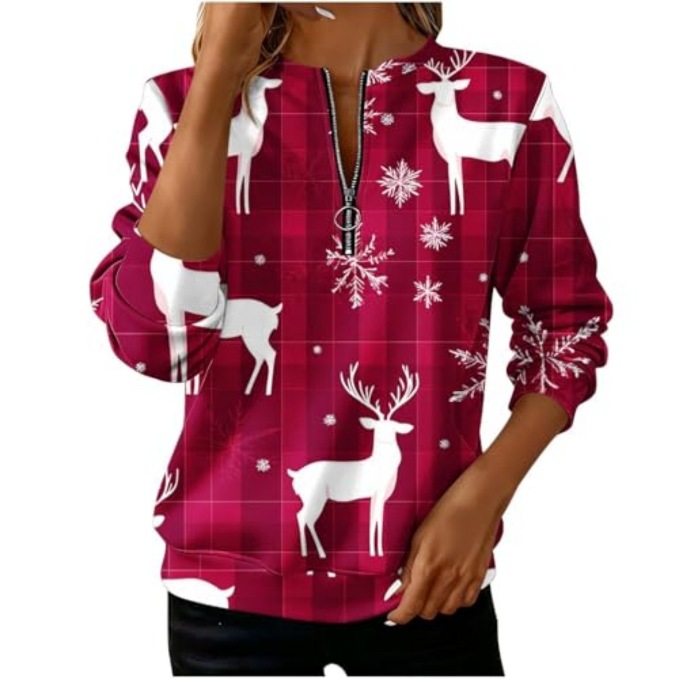Plaid Snowflake Print Half-Zip Hoodie