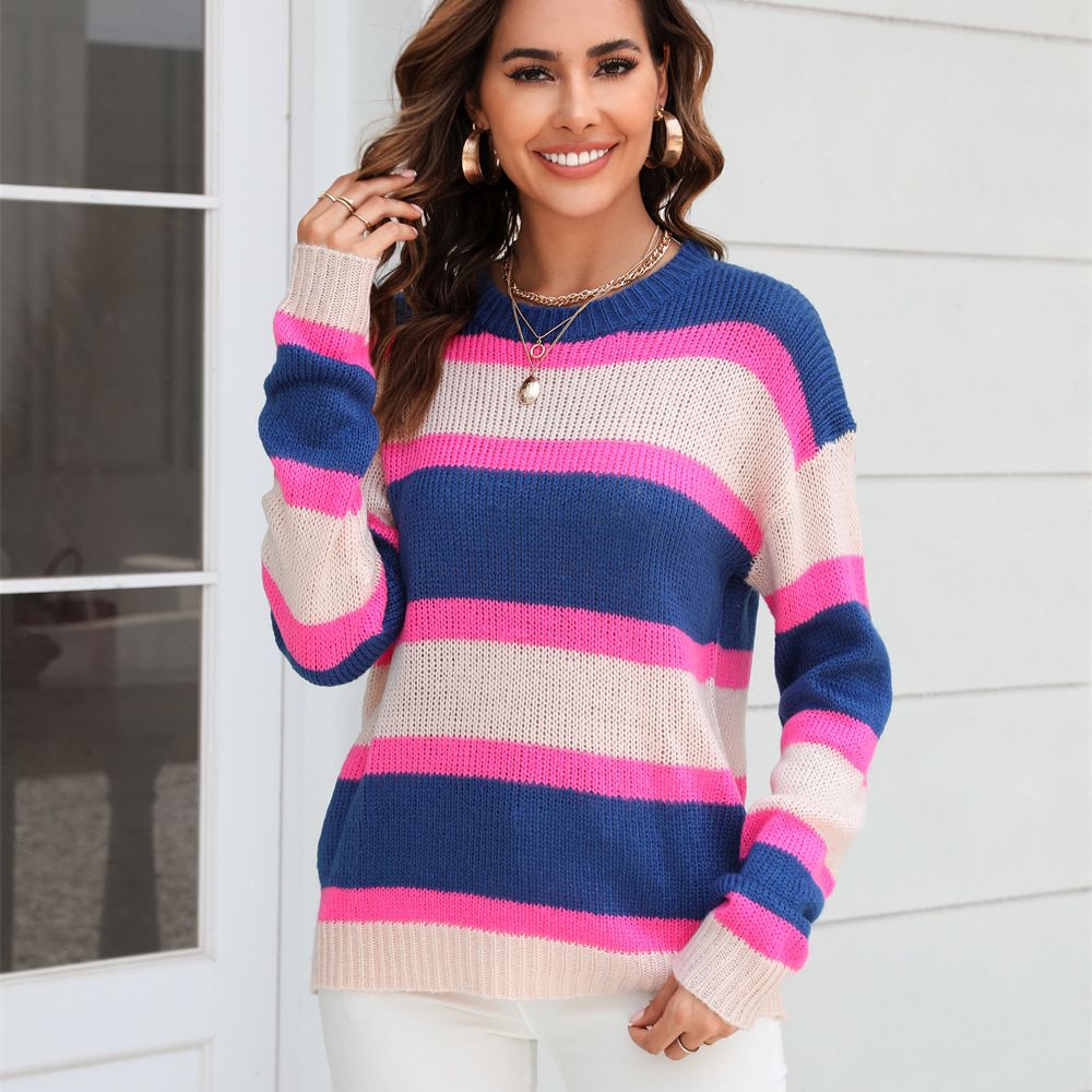 Wide Striped Color-Block Pullover Knit Sweater
