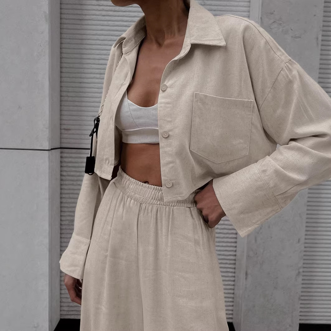 Women's Commuter Two-Piece Set Long Sleeve Shirt & Wide-Leg Pants Slimming