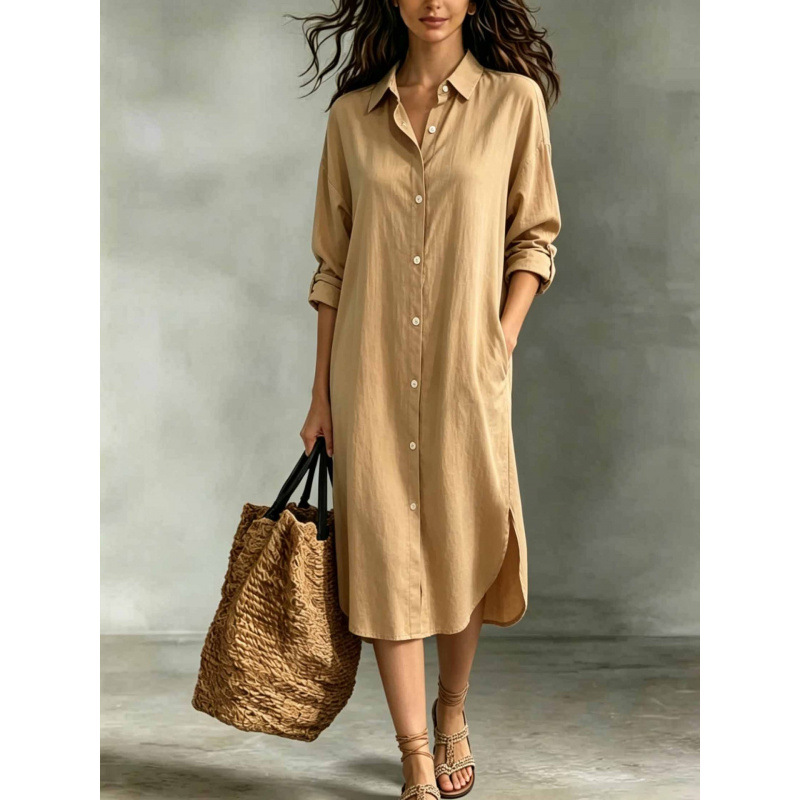 Women's Loose Cotton-Linen Shirt Dress with Pockets