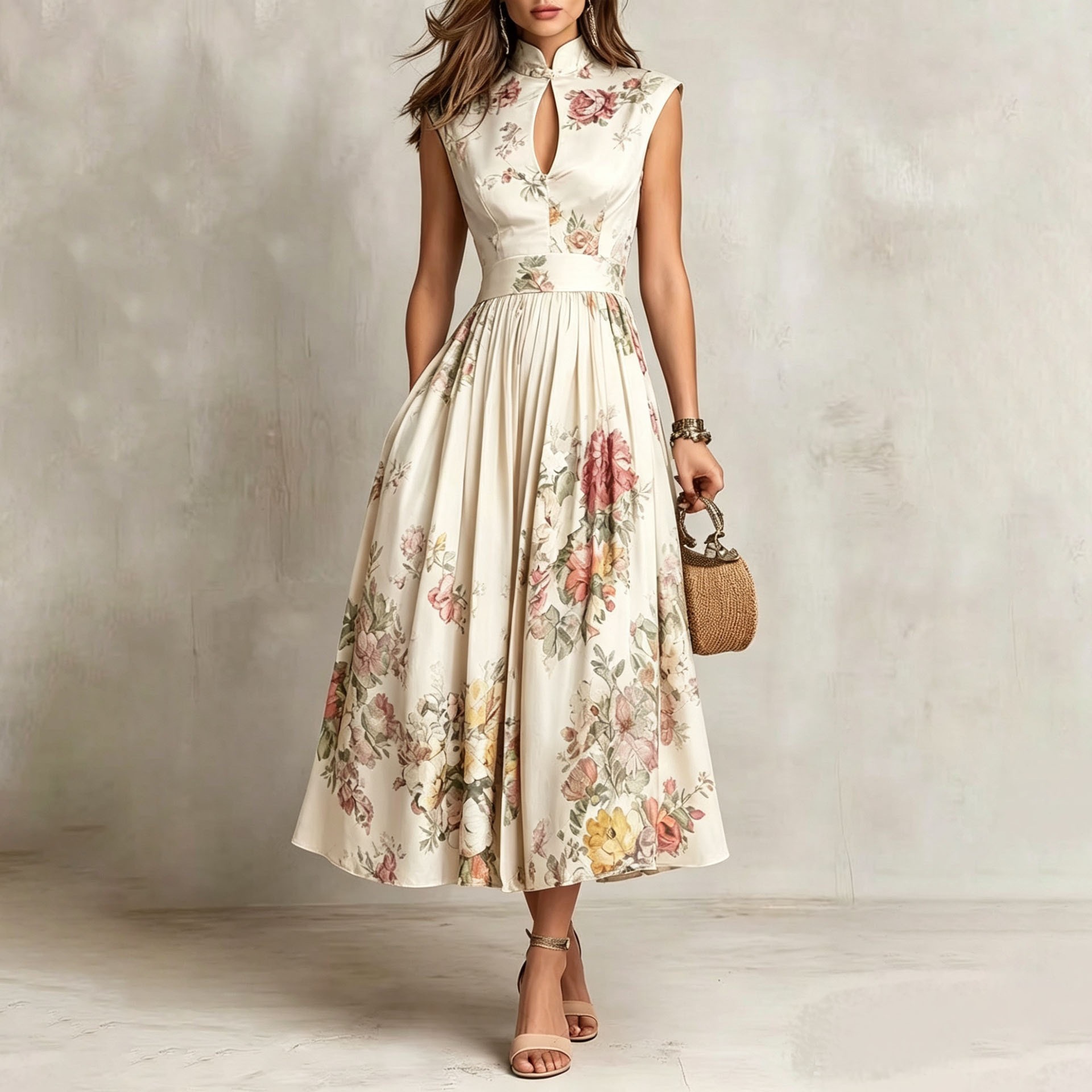 Elegant Printed Qipao-Collar A-Line Maxi Dress