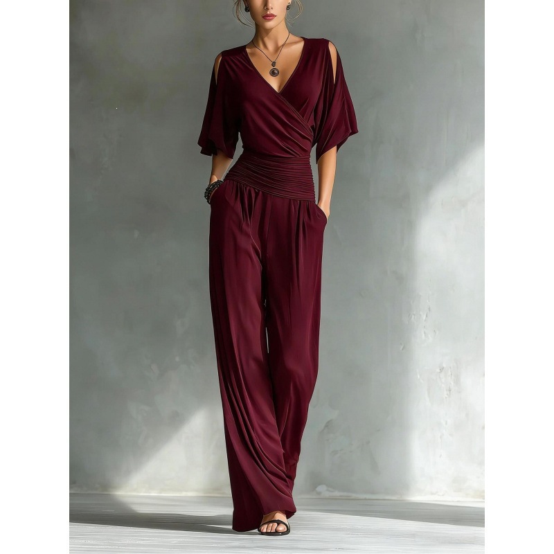 Women's Cold-Shoulder V-Neck Slim Jumpsuit