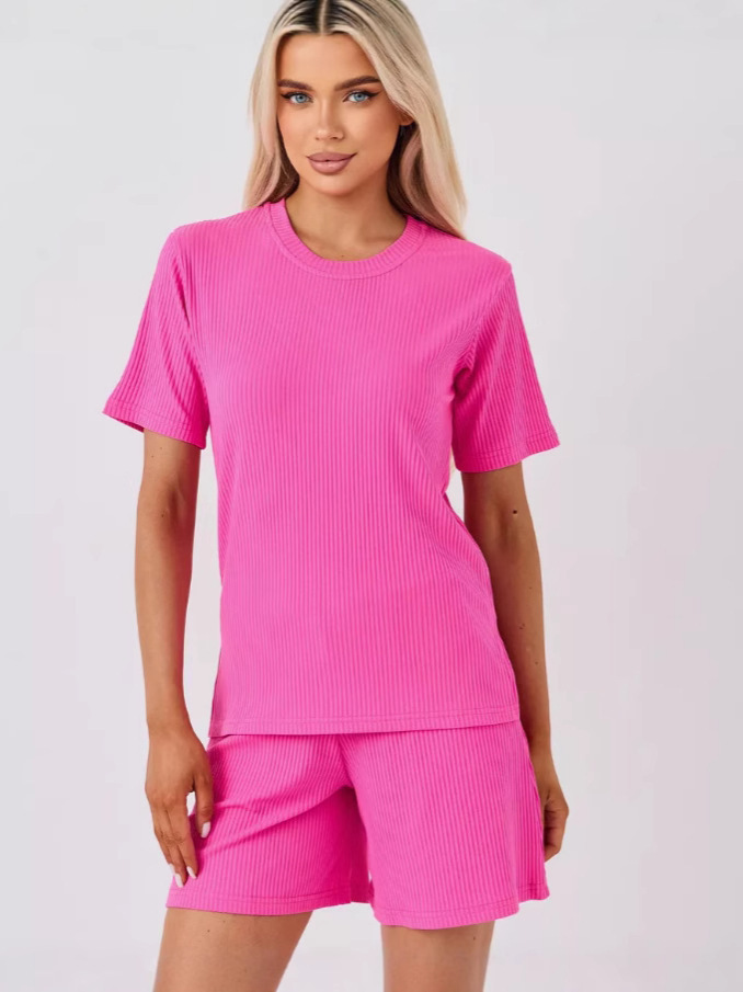Women's Ribbed Short Sleeve & Shorts Two-Piece Set