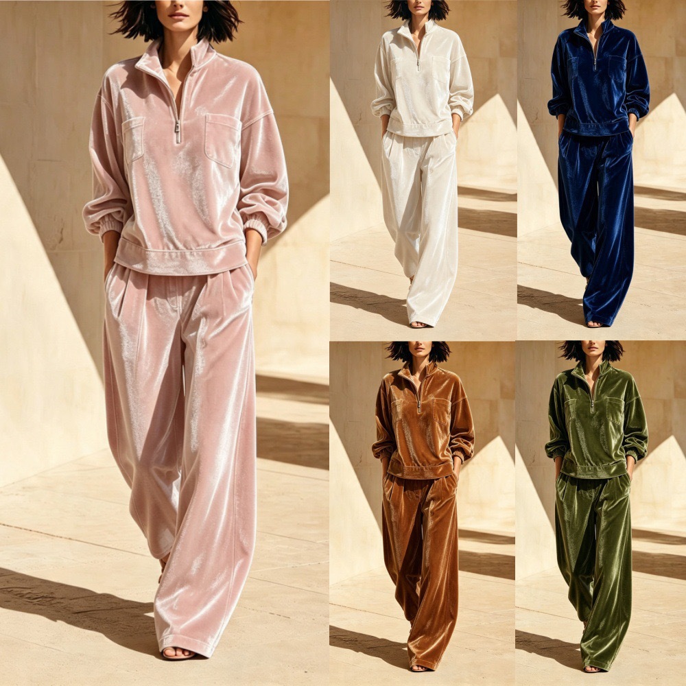 Velvet Lounge Set for Women Long Sleeve Half-Zip Top and Wide-Leg Pants Two-Piece