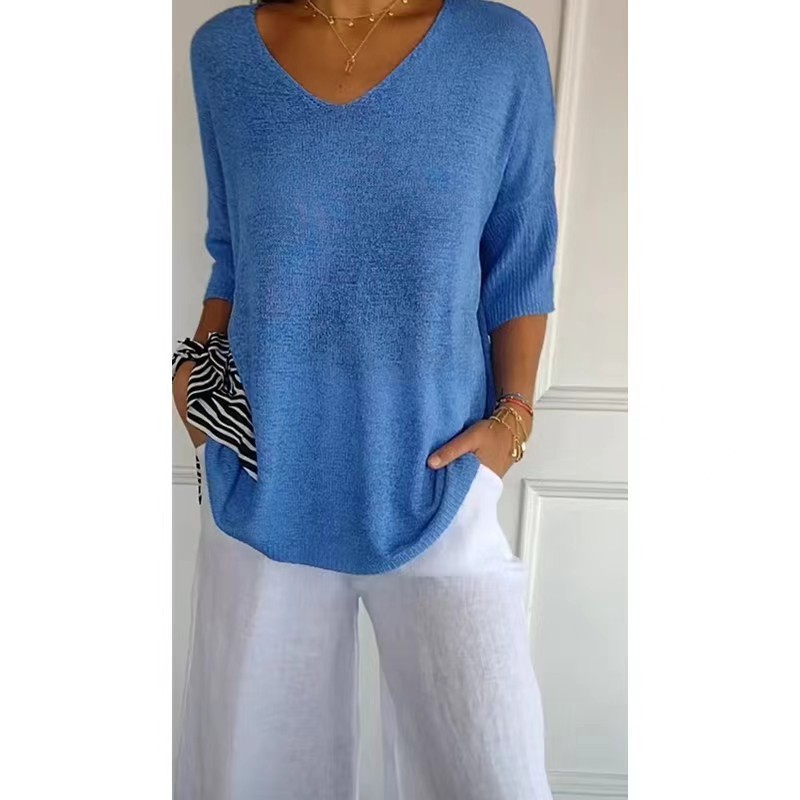 Women's V-Neck Knit Sweater Slimming Solid Color Pullover