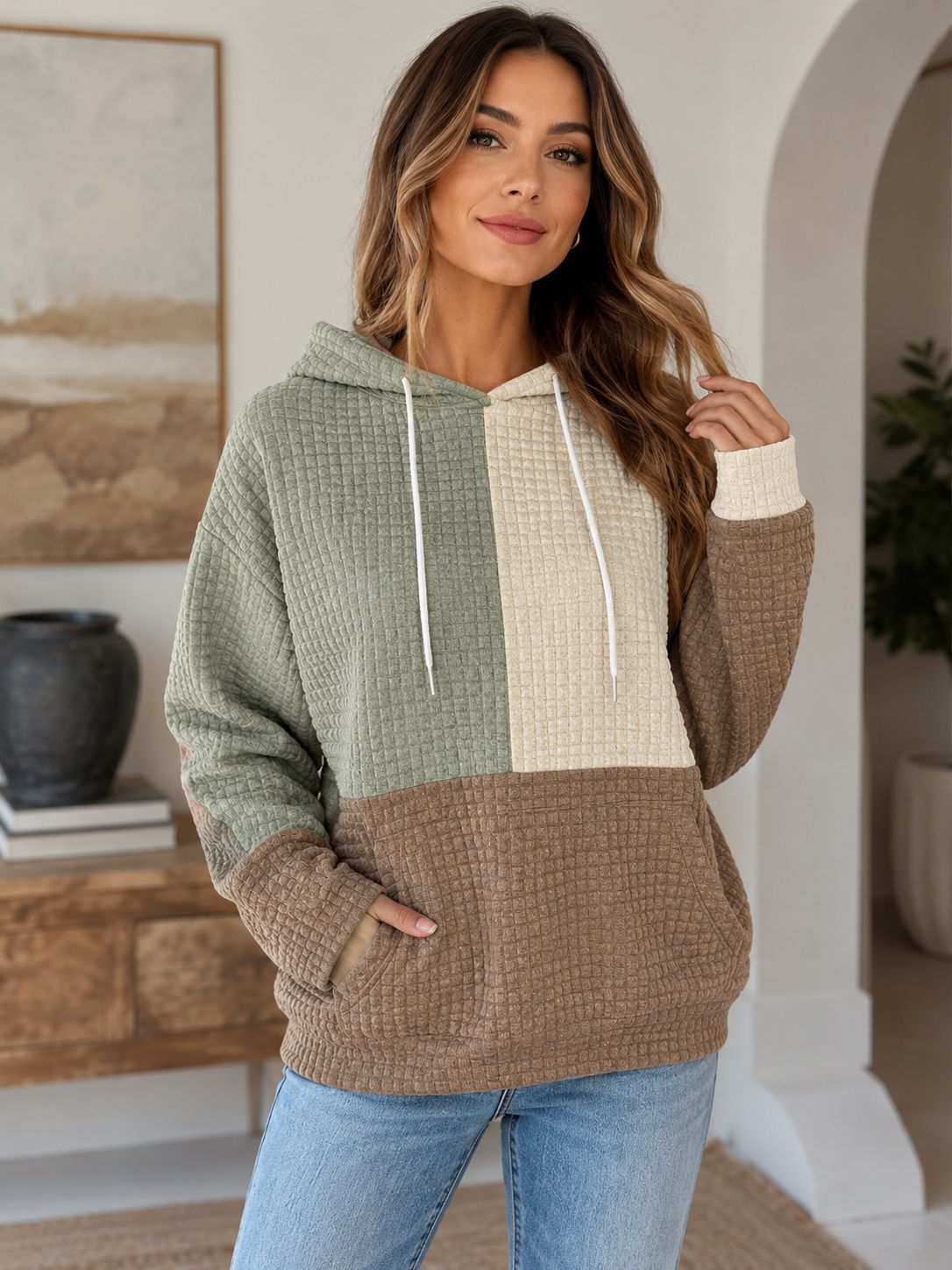 Plus Size Colorblock Waffle Knit Hoodie Women's Pullover