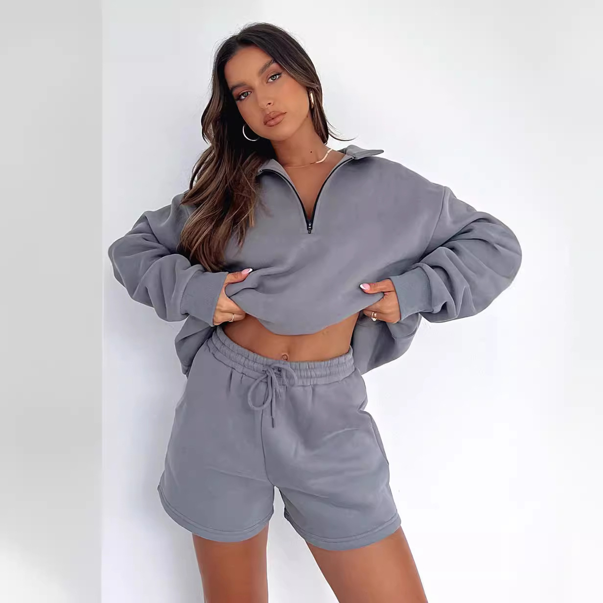 Women's Solid Zip Pocket Hoodie and Shorts Set
