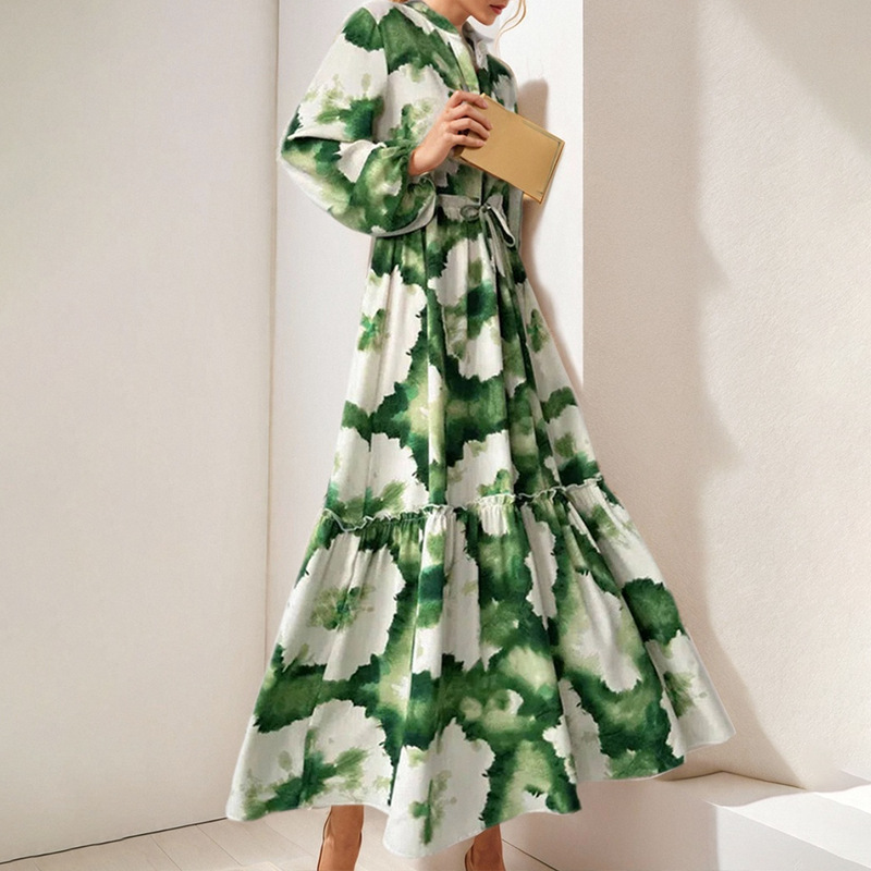 Women's Colorblock Floral Print V-Neck Waist-Cinched Midi Dress