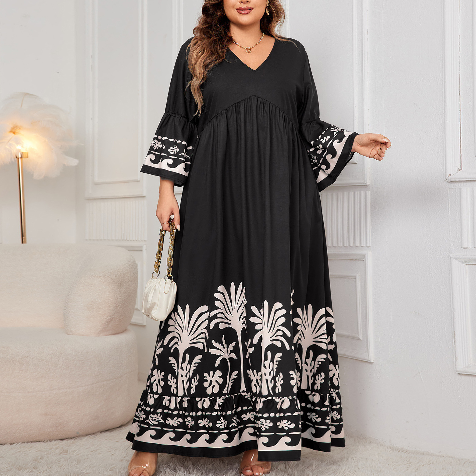 Women's Flared Sleeve V-Neck Printed Long Dress