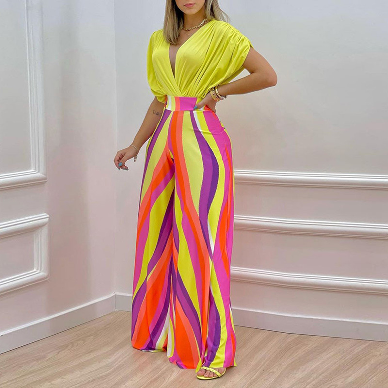 Floral Print Batwing Sleeve Short Sleeve Top and Pants Set