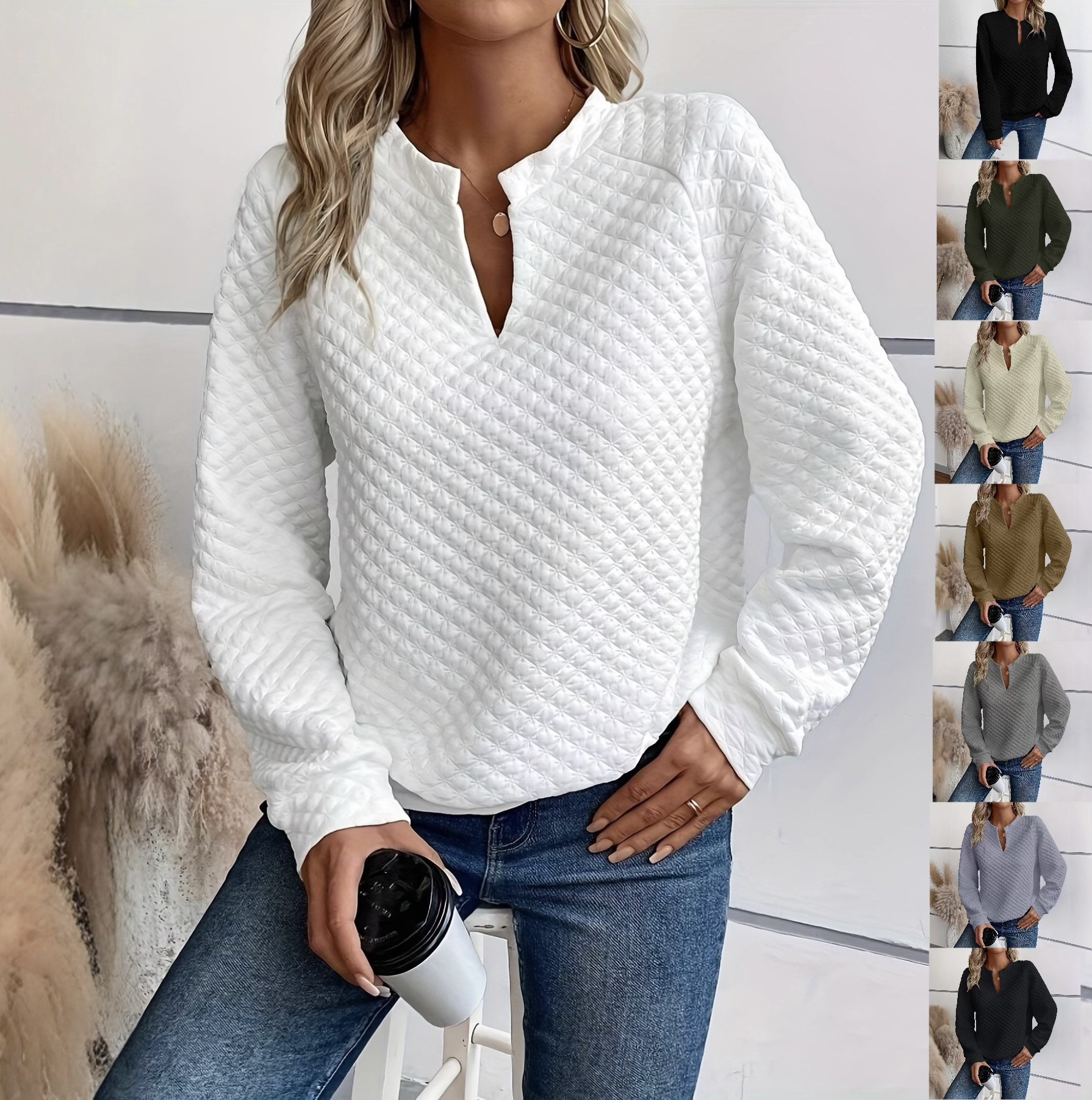 Women's Solid Color Deep V-Neck Long Sleeve Casual Sweatshirt