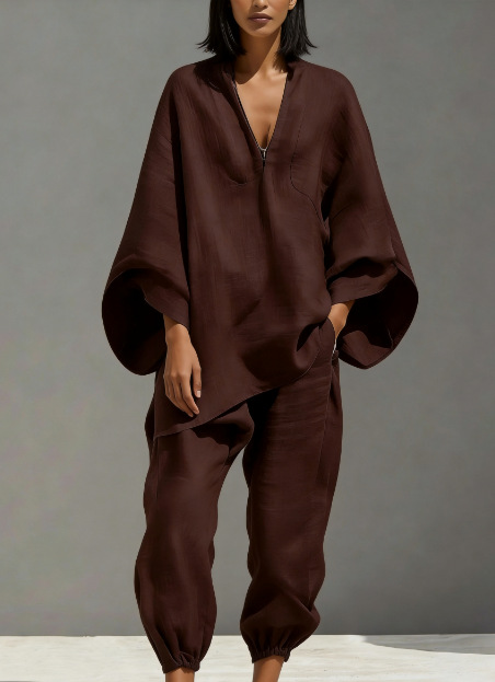 Women's Deep V-Neck Batwing Sleeve Loose Casual Two-Piece Set