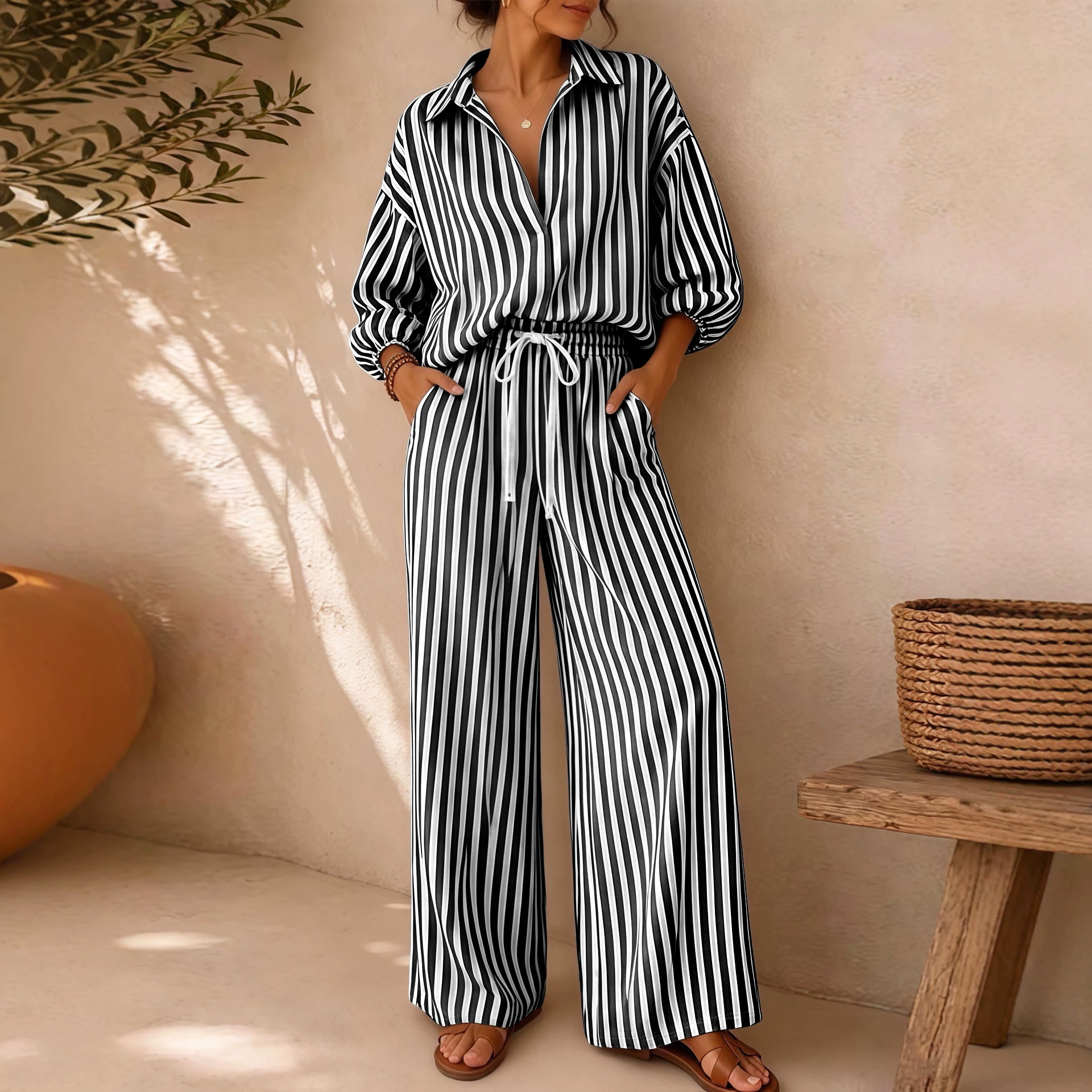Striped Top & Solid Wide-Leg Pants Two-Piece Set
