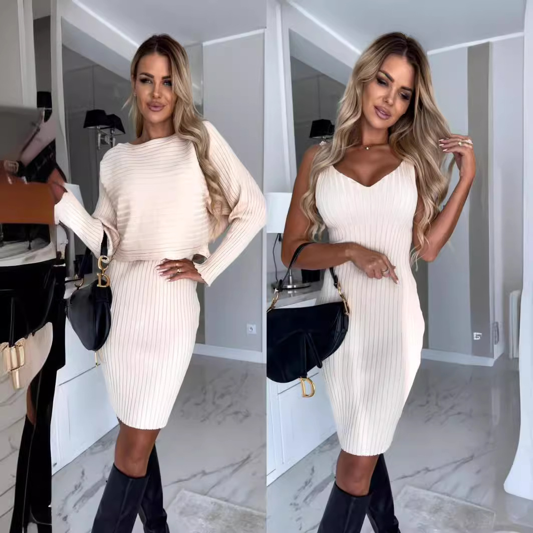 Women's Ribbed Long-Sleeve Top and Cami Dress Set