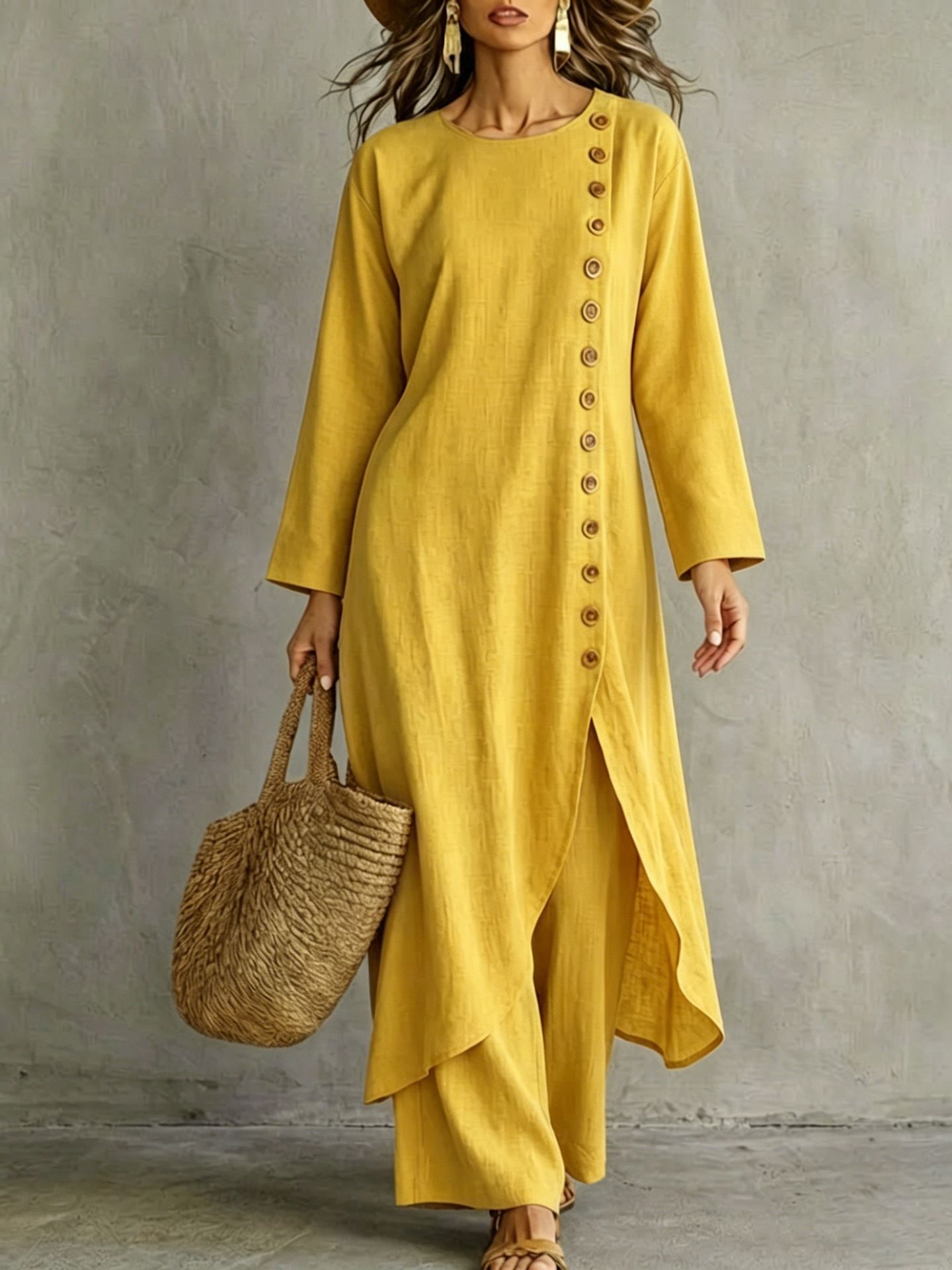 Solid Color Loose Button Round Neck Long Sleeve Dress