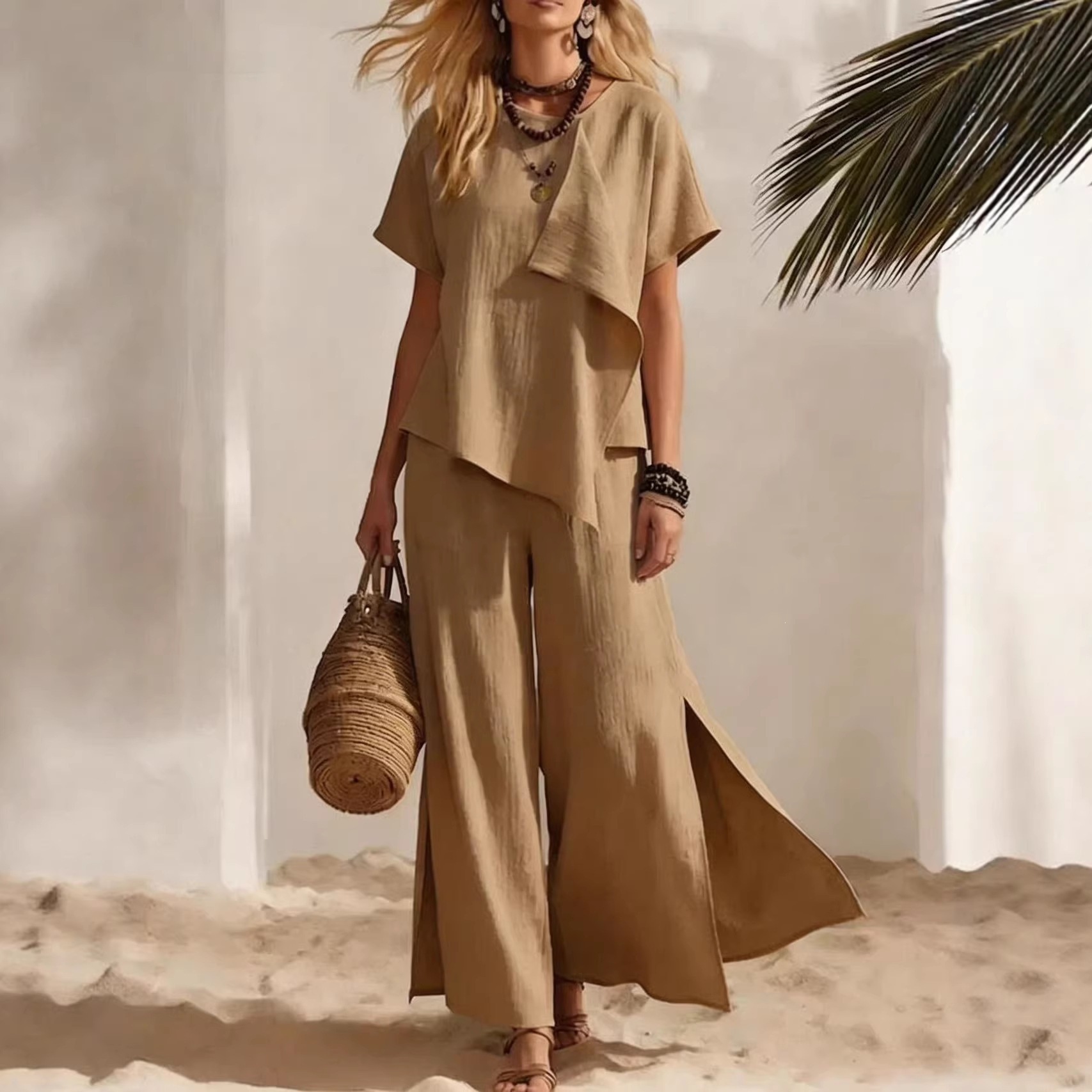 Women's Casual Asymmetric Short Sleeve Top and Slit Wide Leg Pants Set