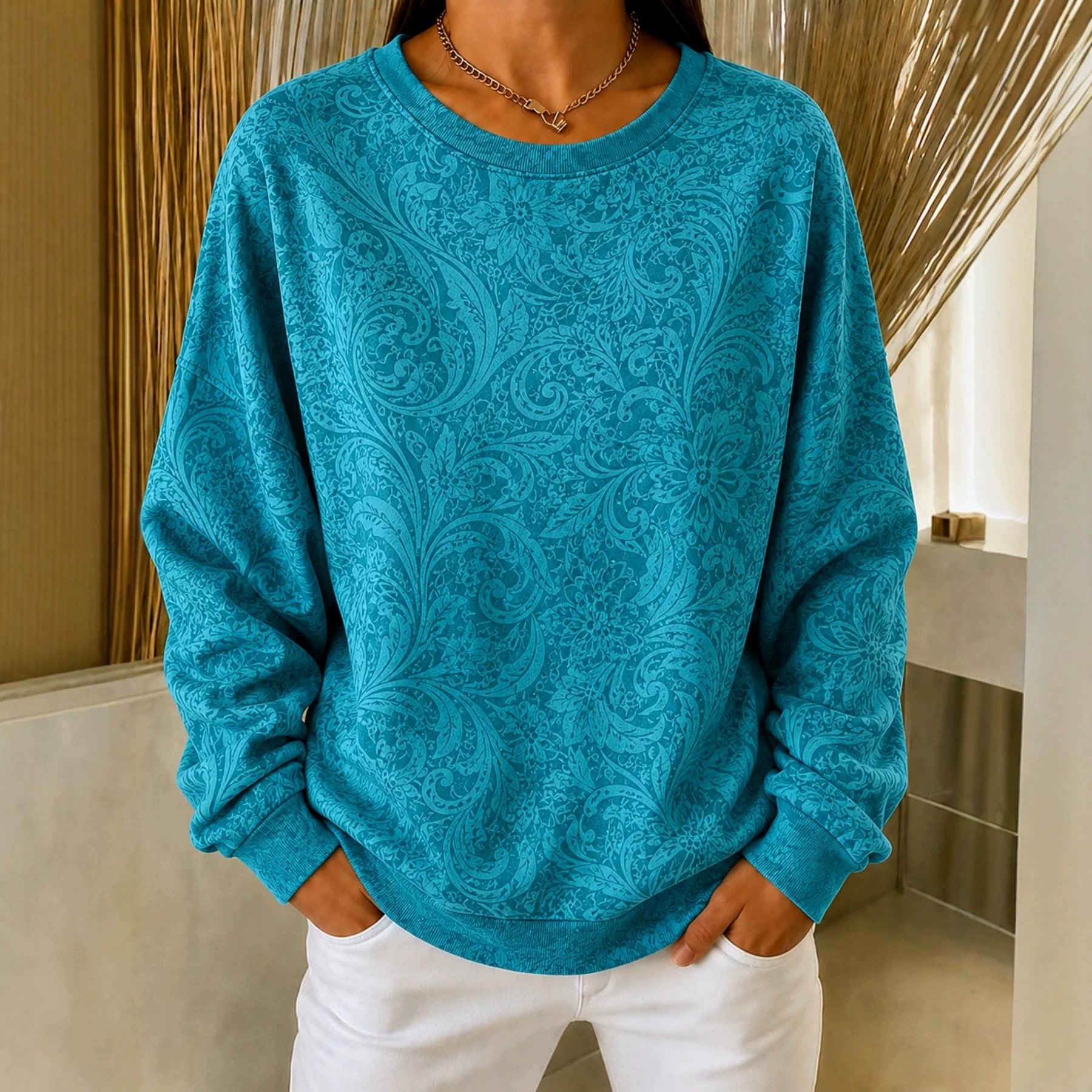 Bohemian Print Crewneck Long Sleeve Pullover Sweatshirt