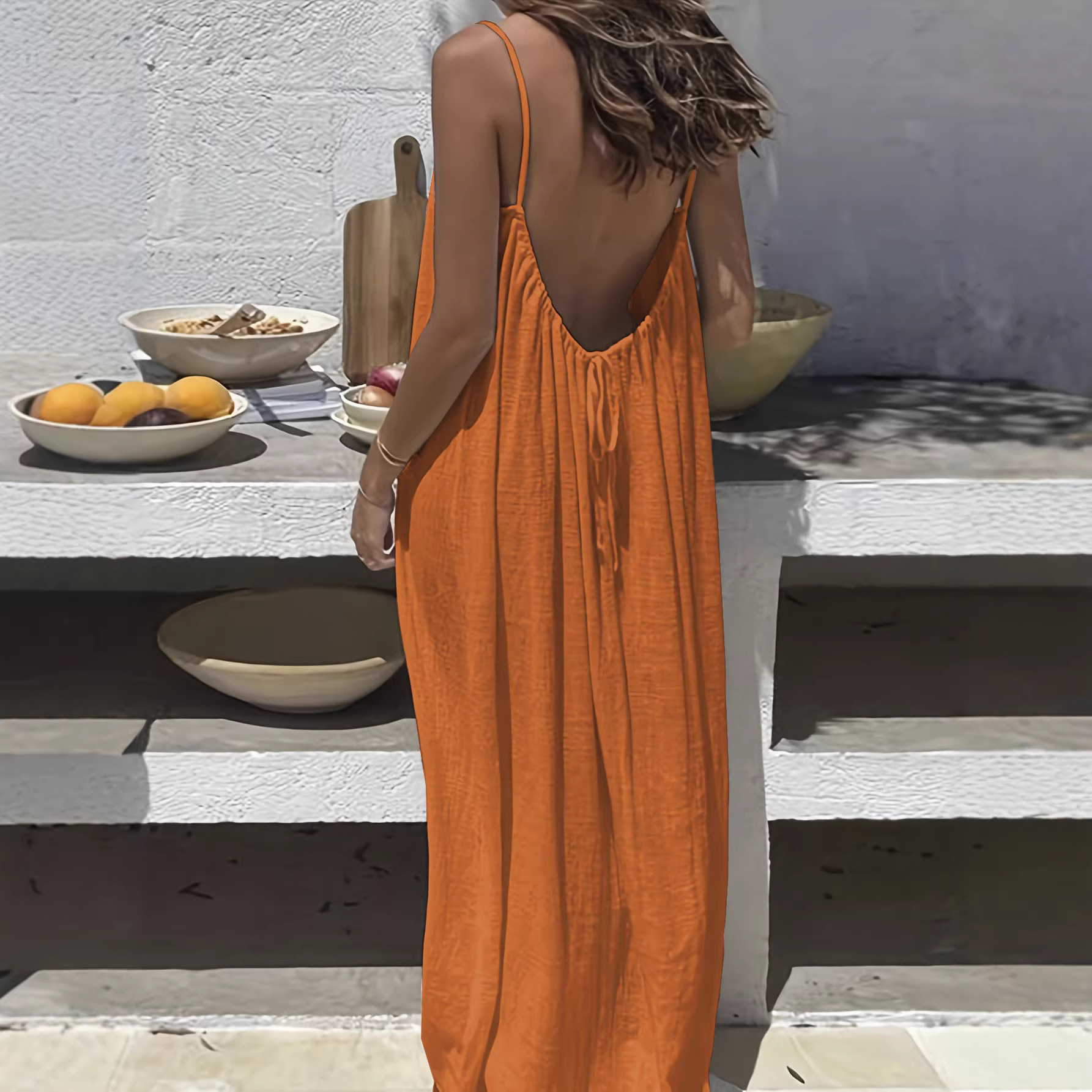 Women's Spaghetti Strap Open Back Loose Long Loungewear Dress