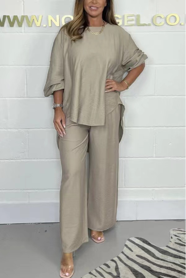 Acetate Satin Wide-Leg Pants Set with Lantern Sleeve Top