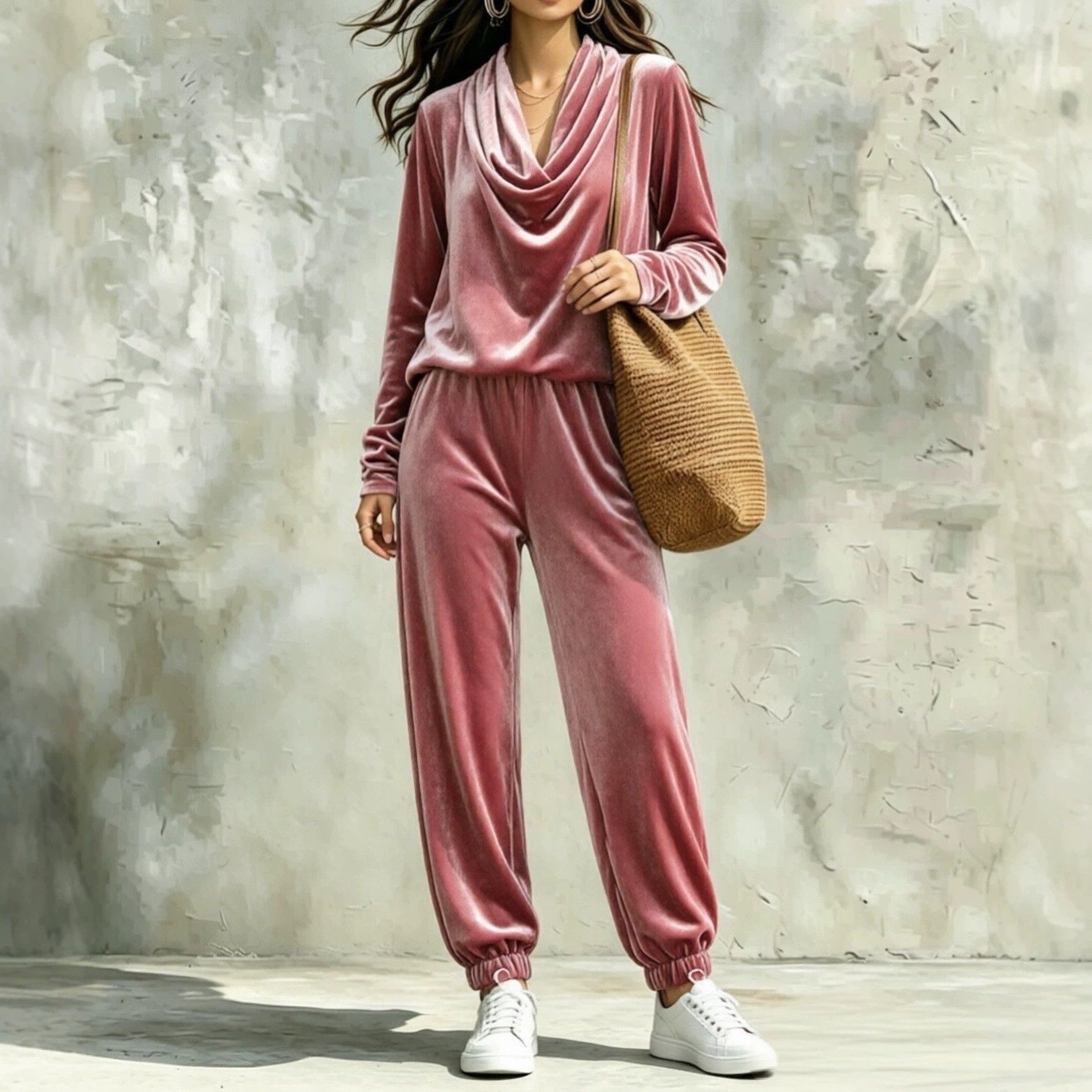Women's Casual Cowl Neck Long Sleeve Top and Jogger Pants Set