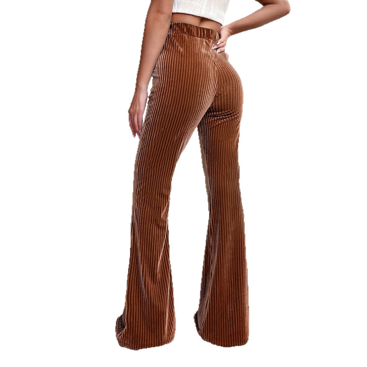 Ribbed Velvet High-Waist Pull-On Flare Pants with Pockets