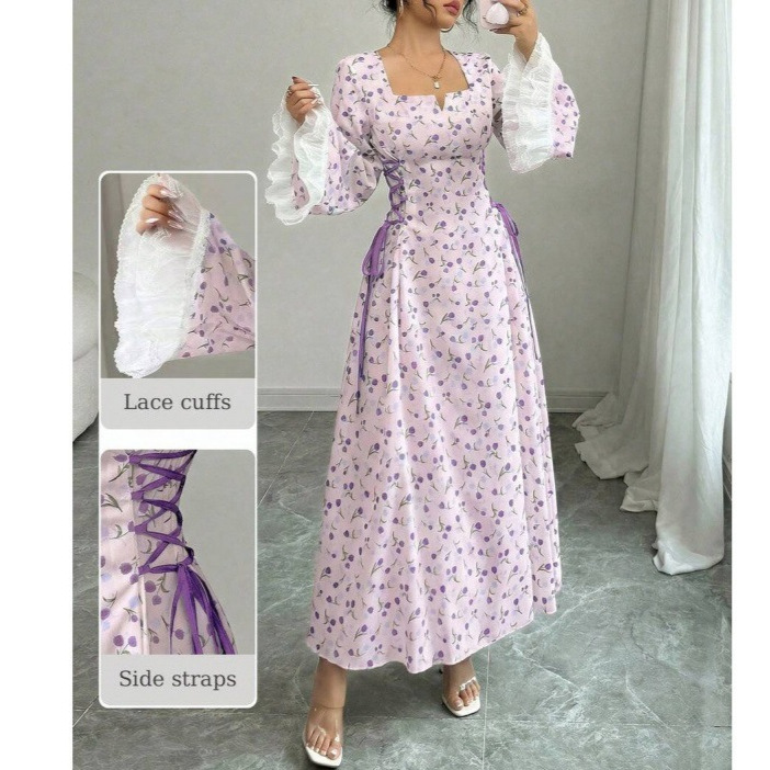 Floral Print Long Sleeve Tie-Waist Midi Dress