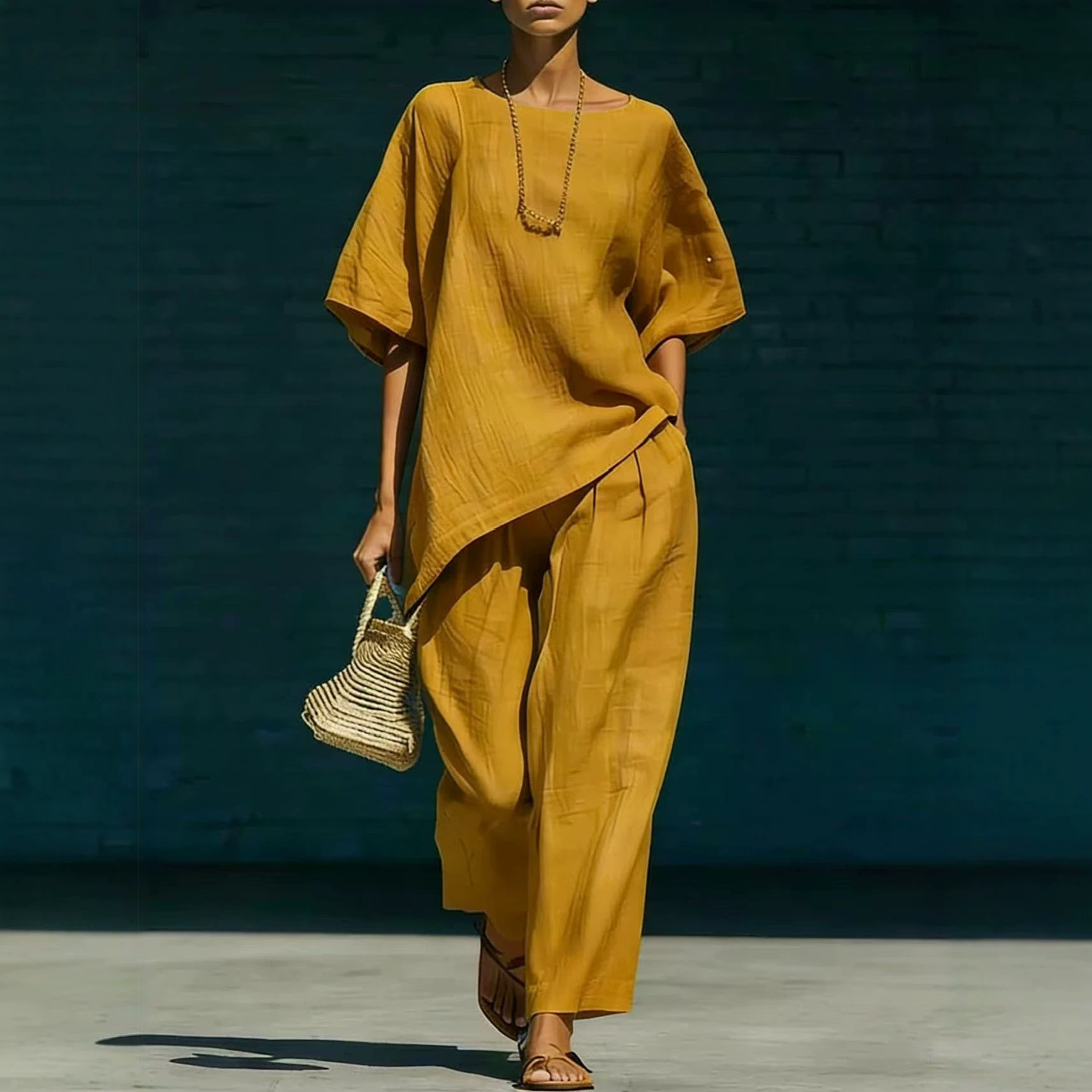 Women's Cotton-Linen Crew Neck Two-Piece Set Casual Urban Outfit