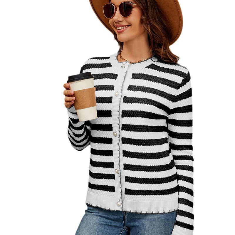 Women's Striped Button-Up Knit Cardigan Sweater