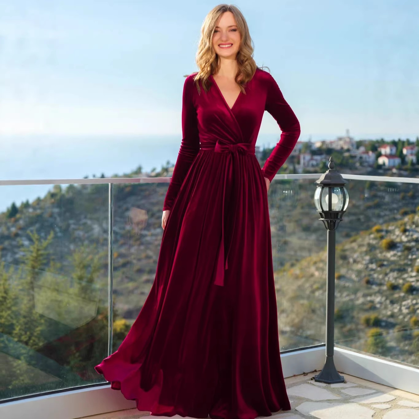 Women's Korean Velvet Long V-Neck Bridesmaid Dress