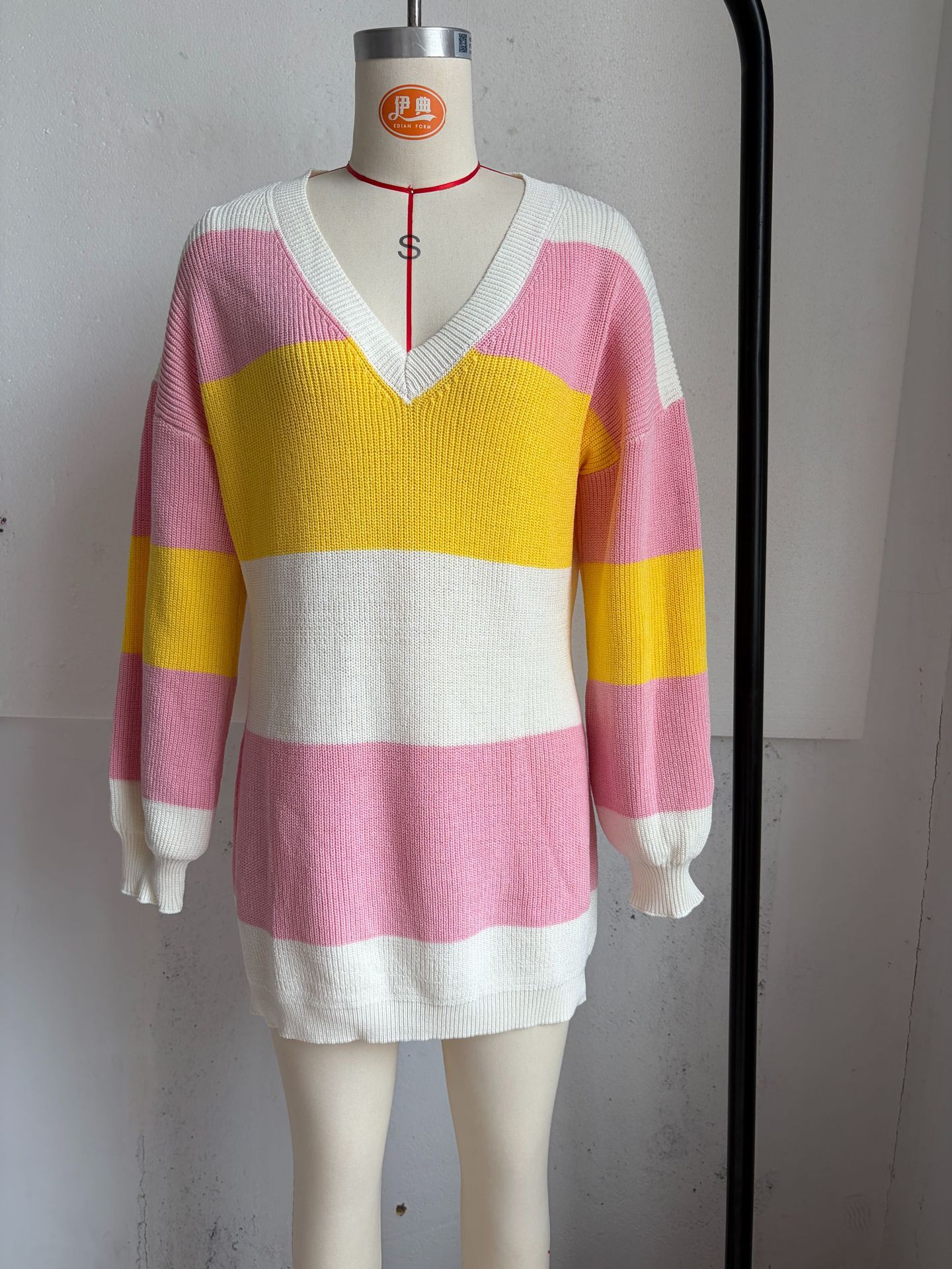 Rainbow Striped V-Neck Long Sleeve Knit Dress