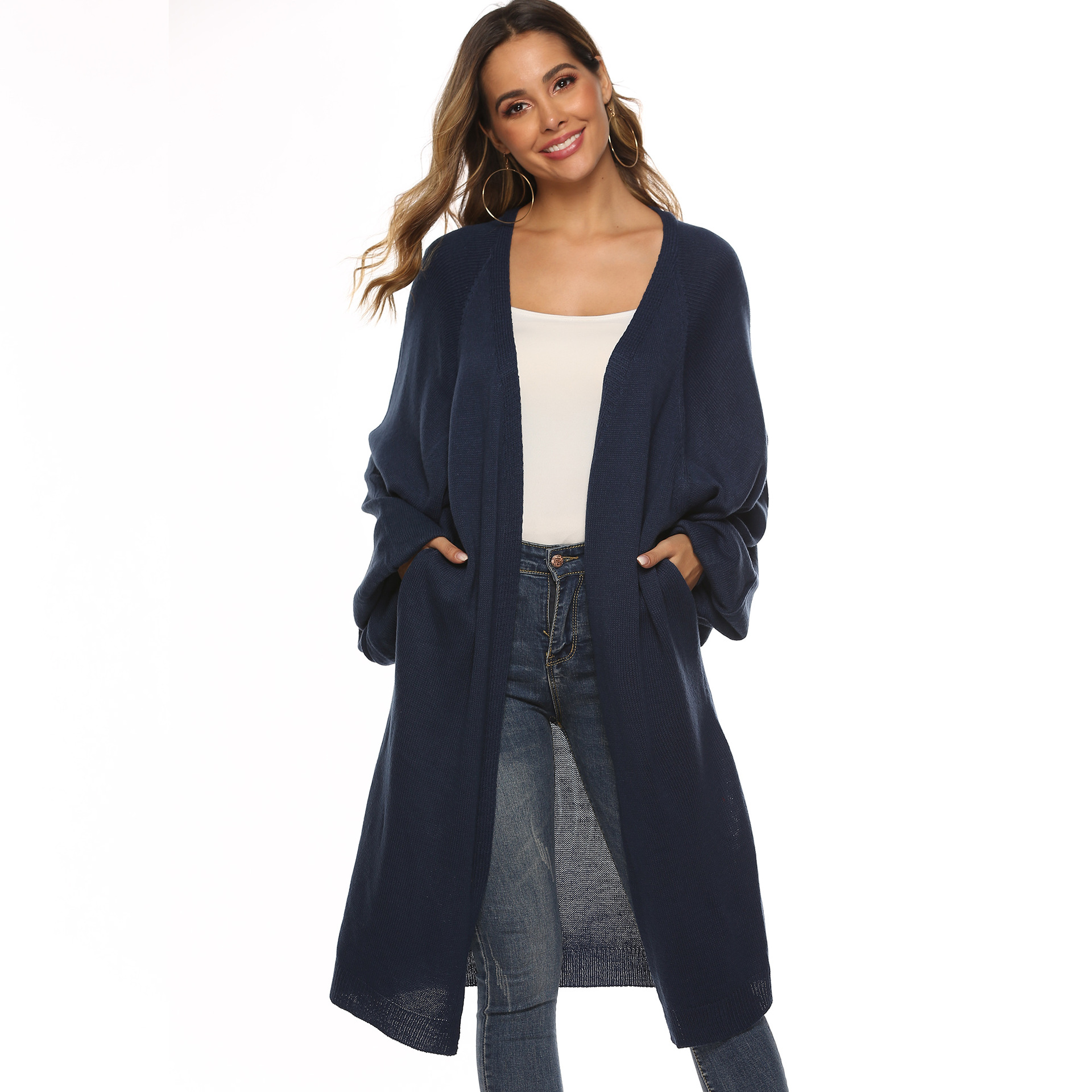 Women's Solid Color Bell Sleeve Batwing Loose Midi Knit Cardigan
