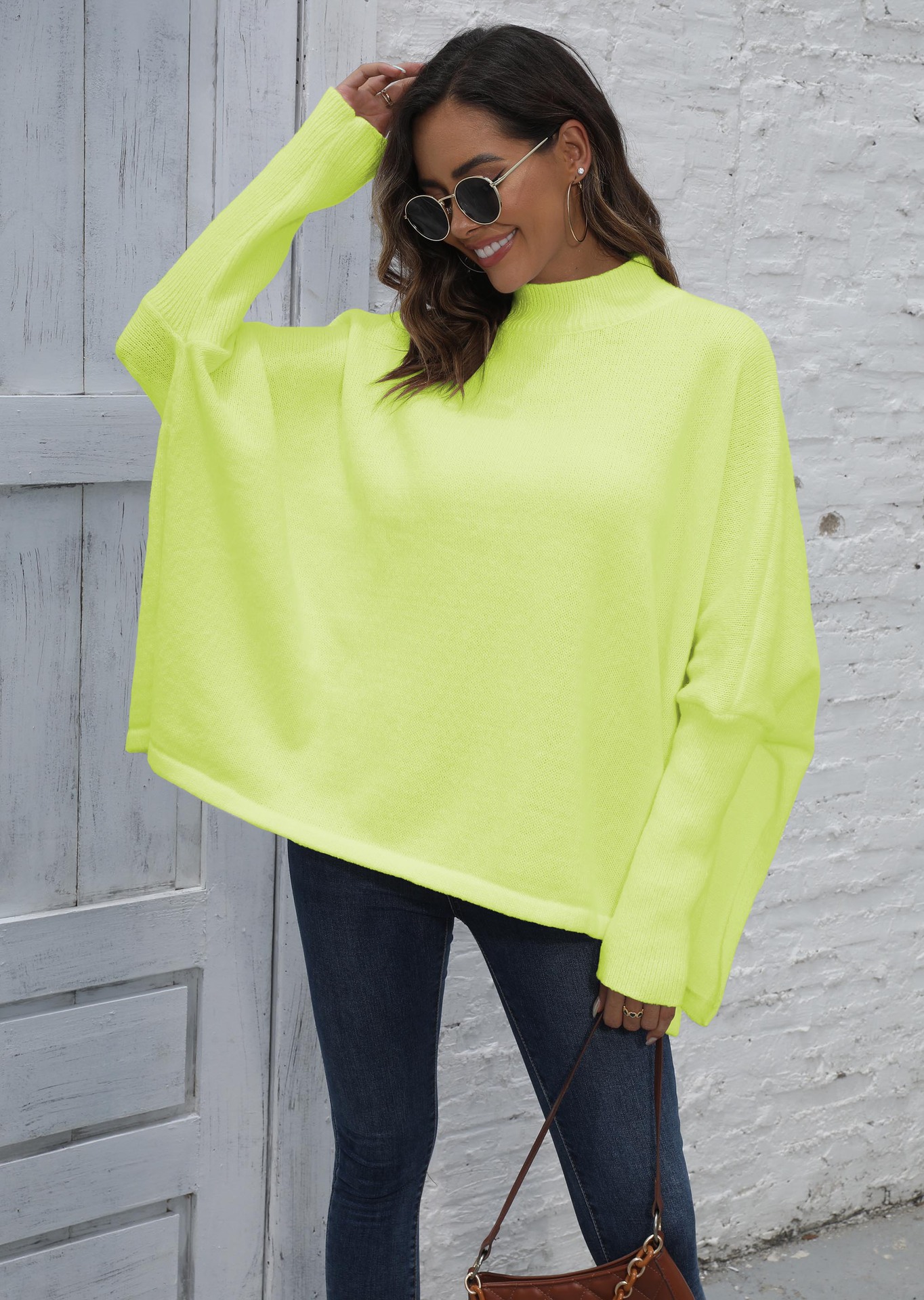 Women's Oversized Batwing Sleeve Split Hem Half Turtleneck Sweater