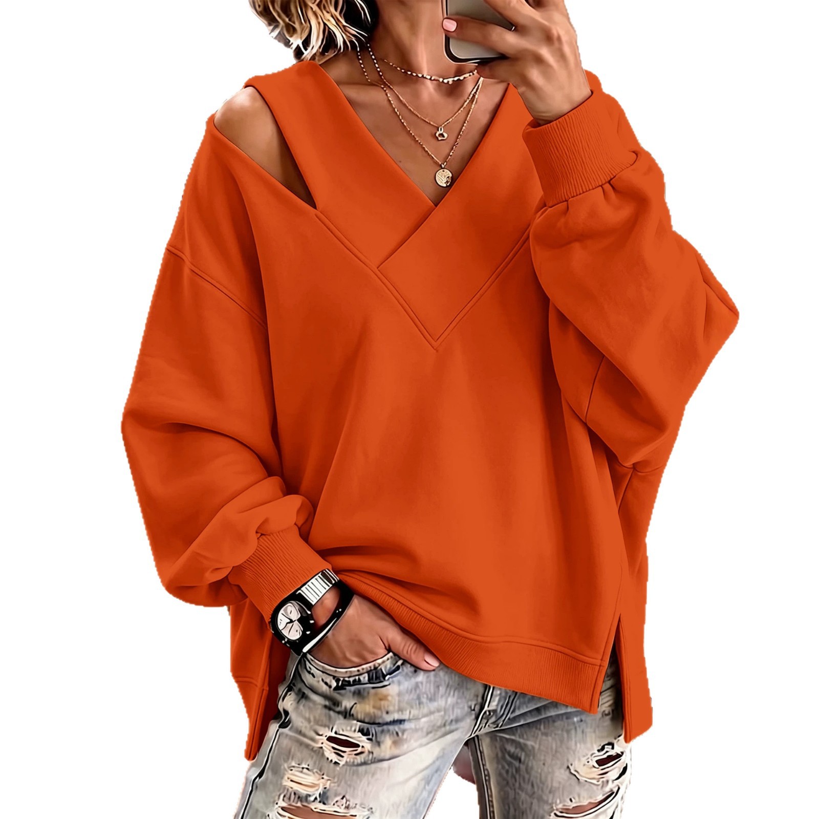 One-Shoulder V-Neck Loose Sweatshirt with Side Slit