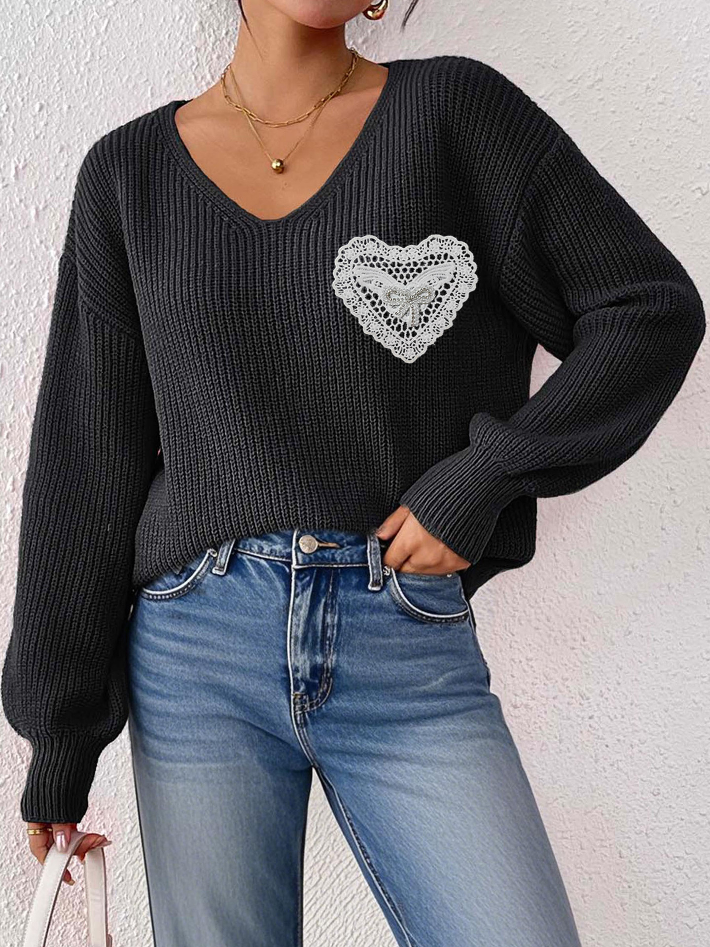 V-Neck Lace Rhinestone Bow Pocket Pullover Sweater