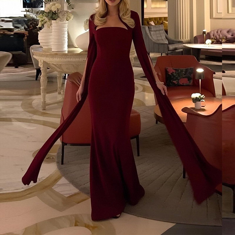 Women's Square Neck Long Sleeve Fitted Waist Dress