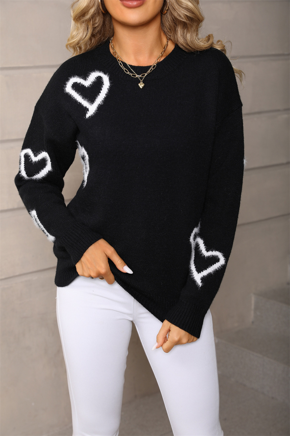 Heart Pattern Crewneck Pullover Sweater Plus Size Knit Top