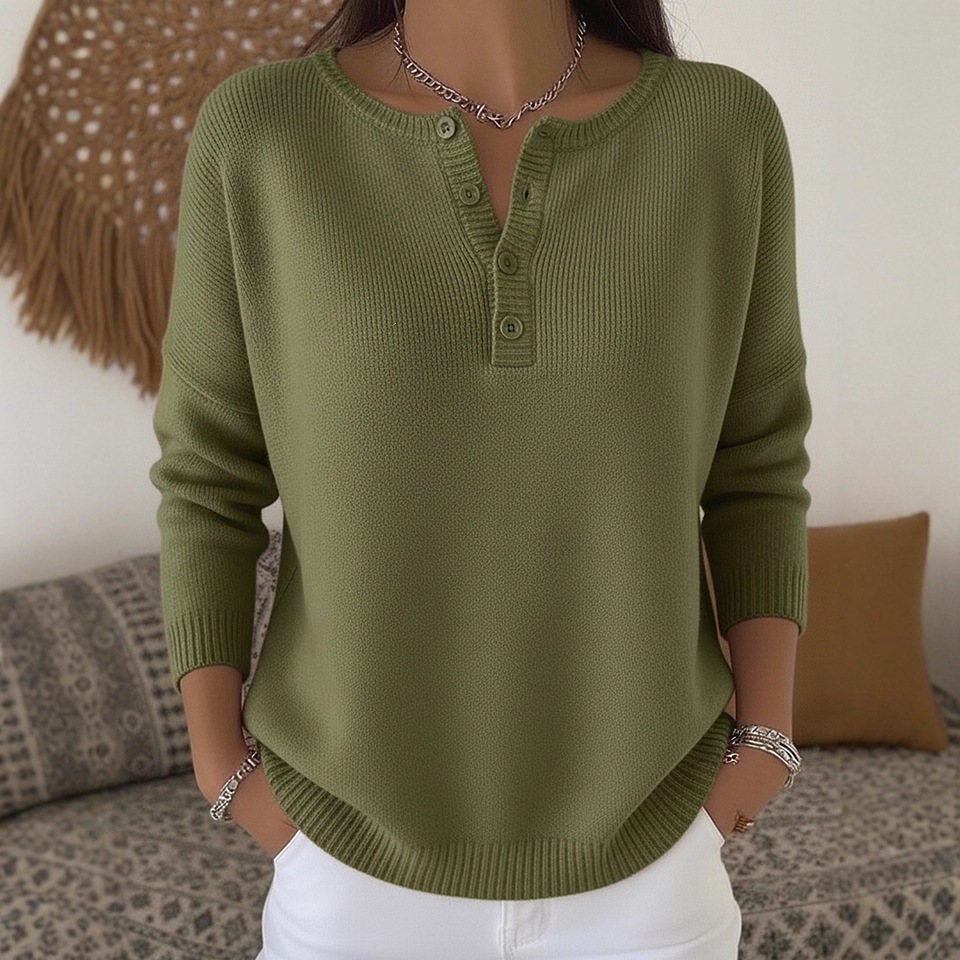 Women's V-Neck Button Knit Sweater Solid Color Casual