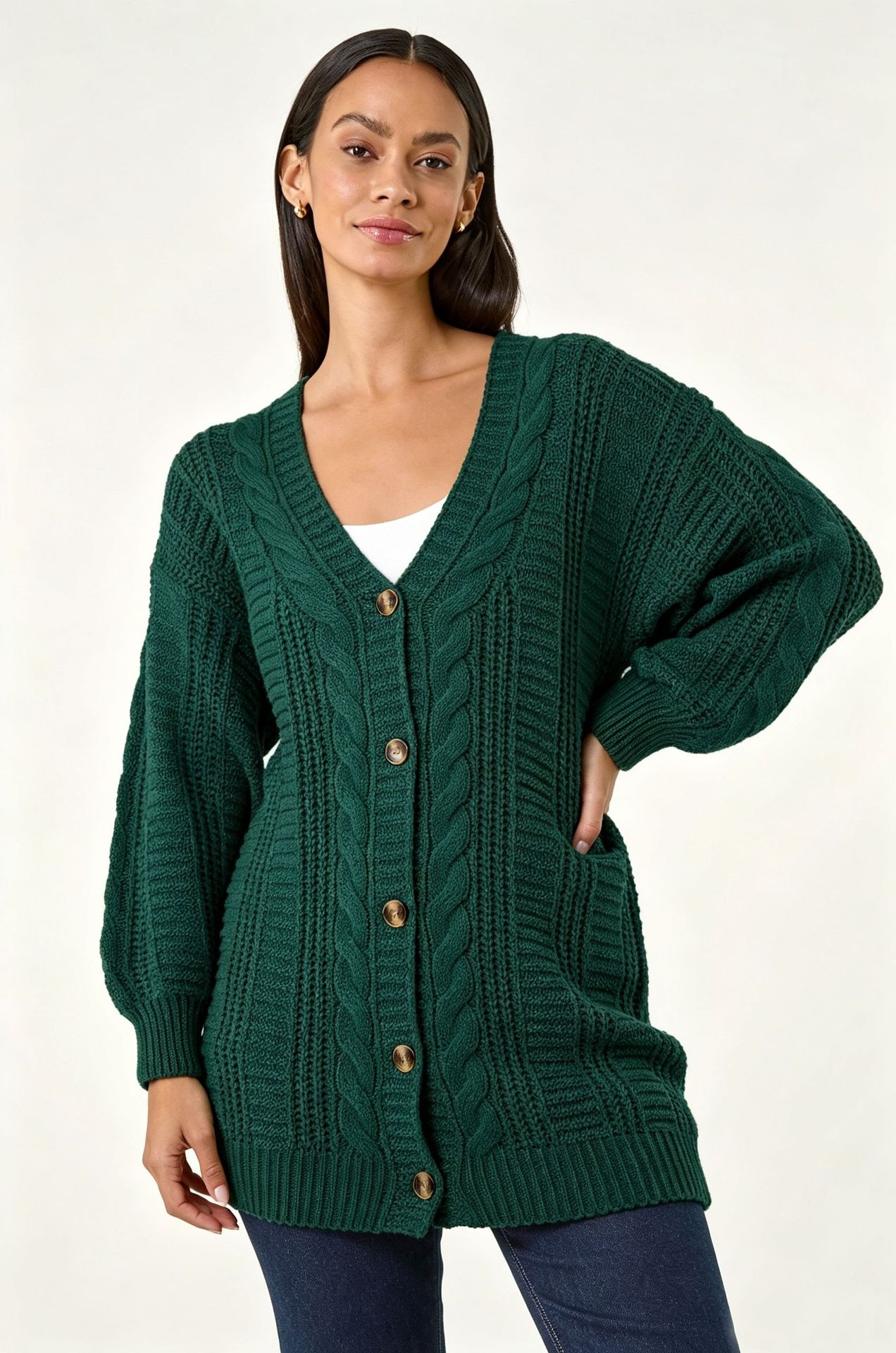 Women's Plus Size Solid Knit Cardigan V-Neck Lantern Sleeve Loose Fit