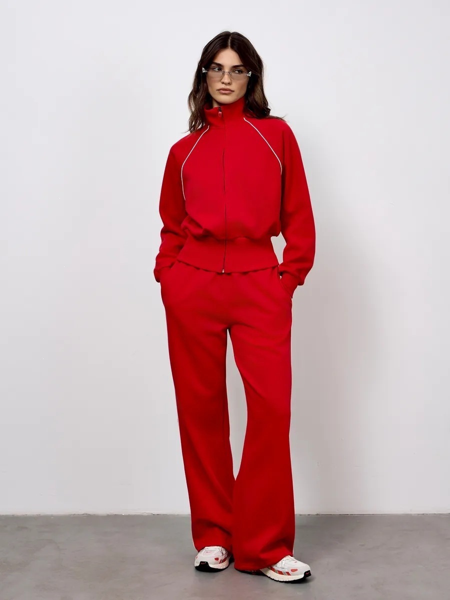 Women's Casual Commuter Two-Piece Set with Zip Cardigan and Wide-Leg Pants